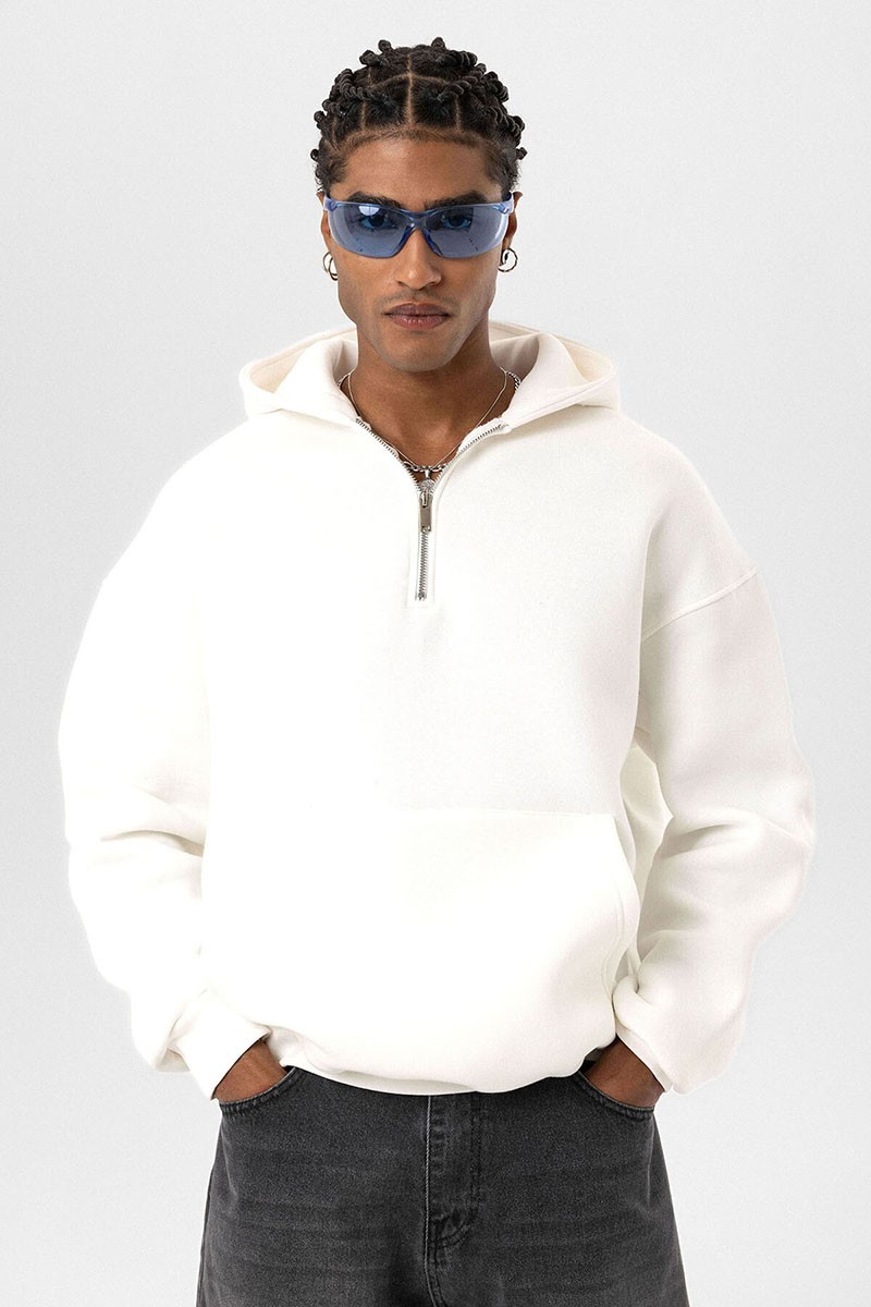 BASIC OVERSIZE ZIPPERED HOODED SWEATSHIRT ECRU