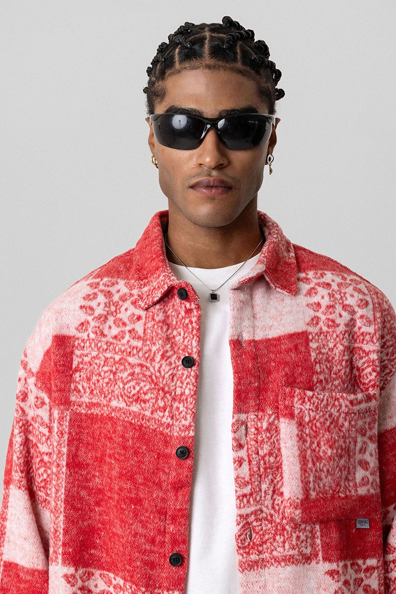 OVERSIZE LUMBER CUTTER SHIRT WITH POCKET DETAILED SQUARE PATTERN RED