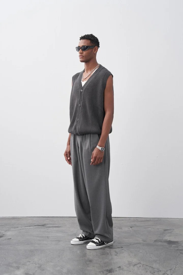 Baggy Fit Fabric Trousers Grey