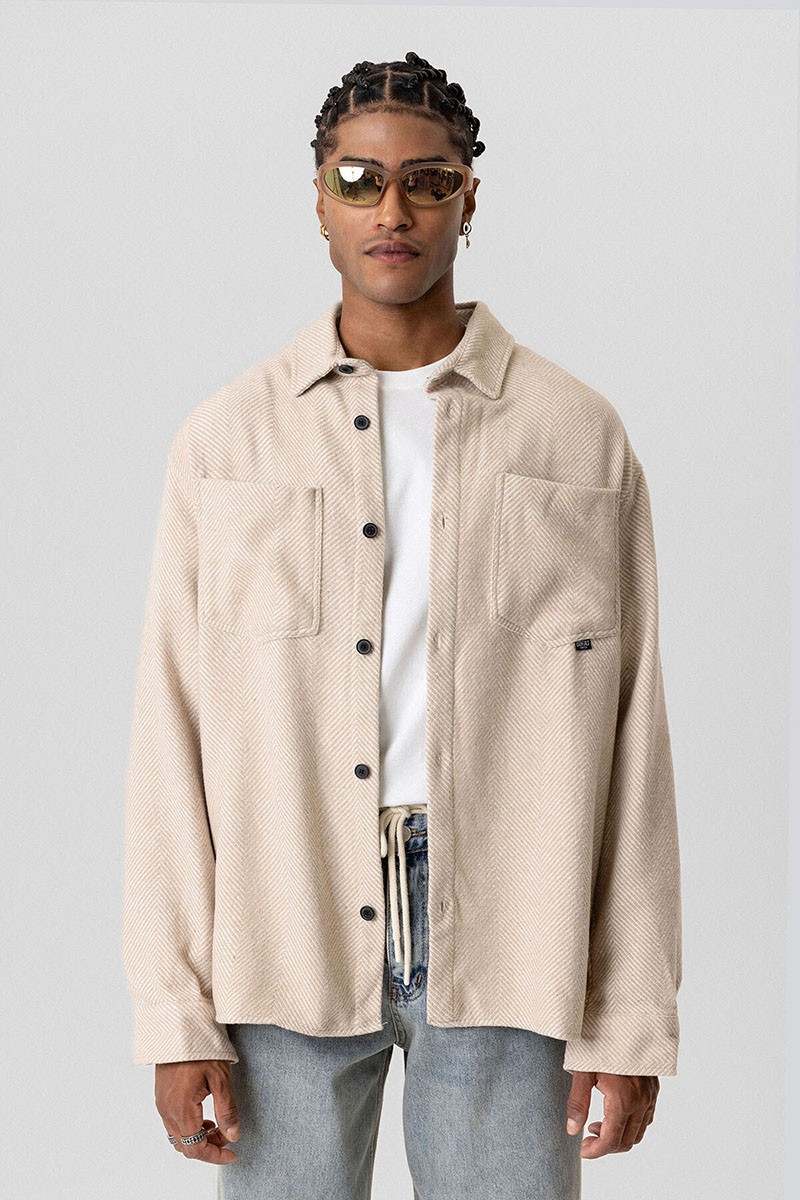 DOUBLE POCKET DETAILED OVERSIZE LUMBER SHIRT-BEIGE