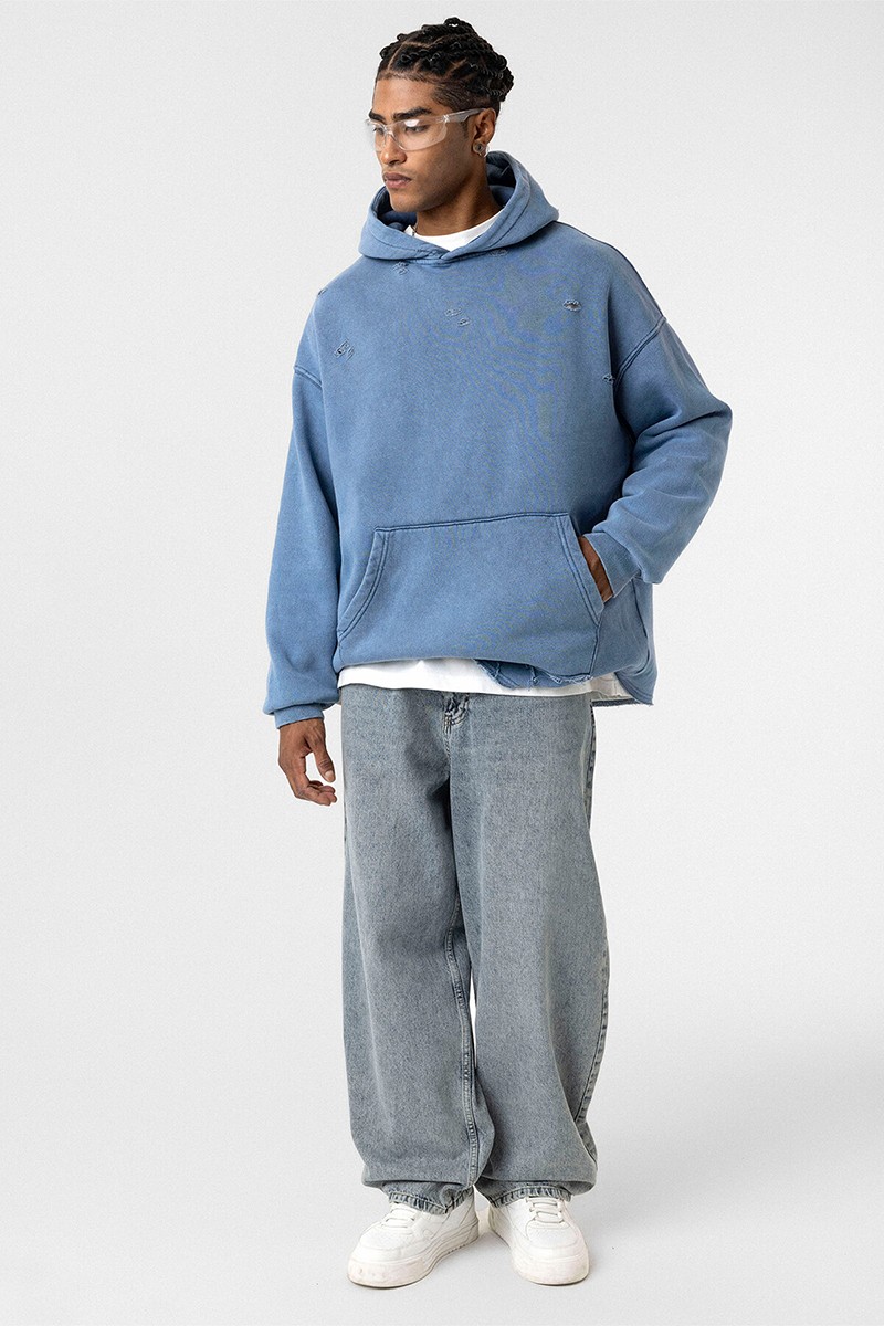 WASHED RIP DETAILED OVERSIZE SWEATSHIRT BLUE