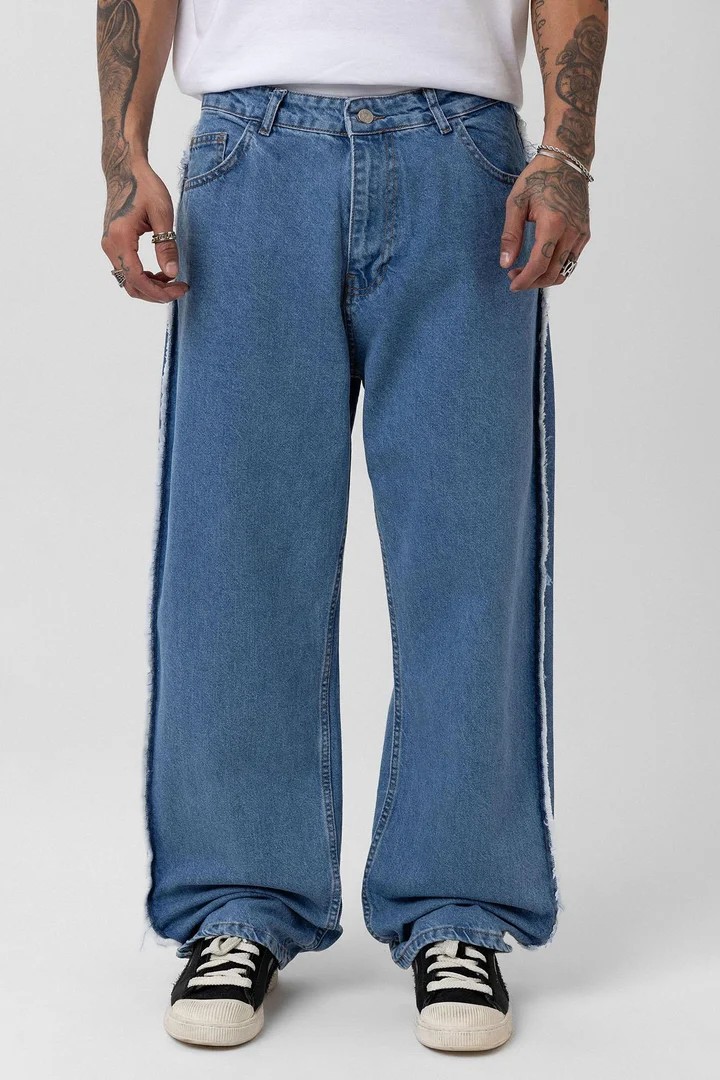 Side Seam Detailed Baggy Jeans Blue