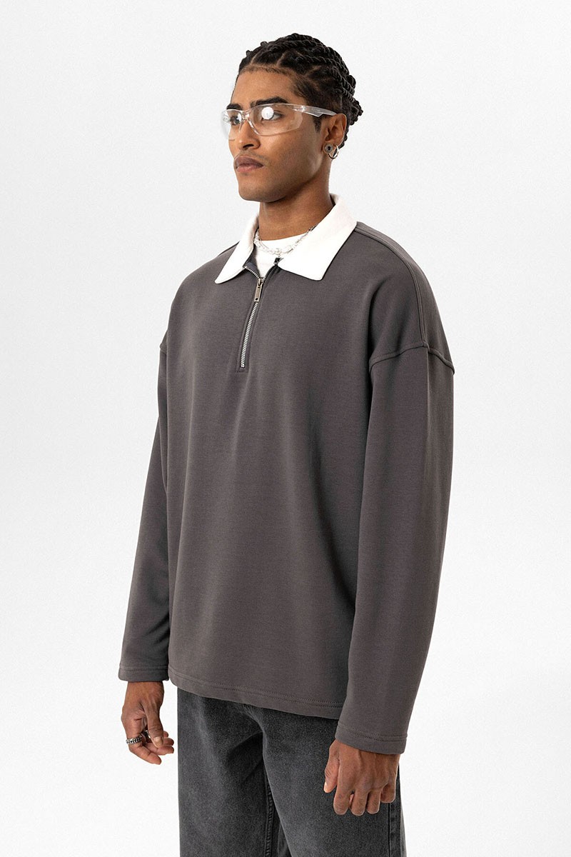 BASIC POLO COLLAR ZIPPERED SWEATSHIRT SMOKED