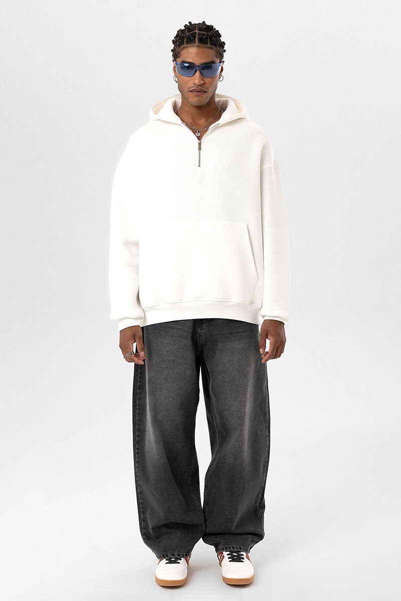 BASIC OVERSIZE ZIPPERED HOODED SWEATSHIRT ECRU