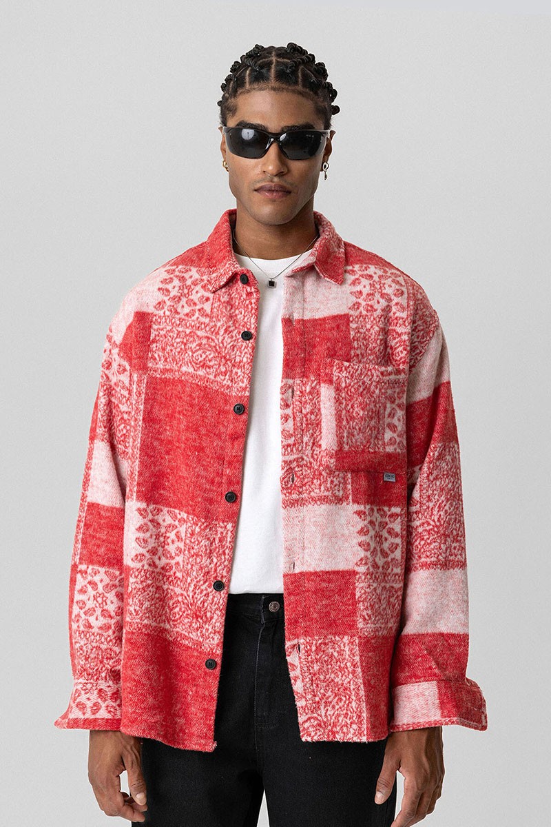 OVERSIZE LUMBER CUTTER SHIRT WITH POCKET DETAILED SQUARE PATTERN RED