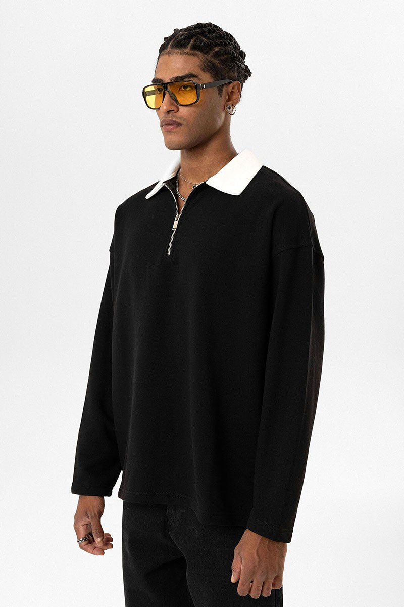 BASIC POLO COLLAR ZIPPER DETAILED SWEATSHIRT BLACK