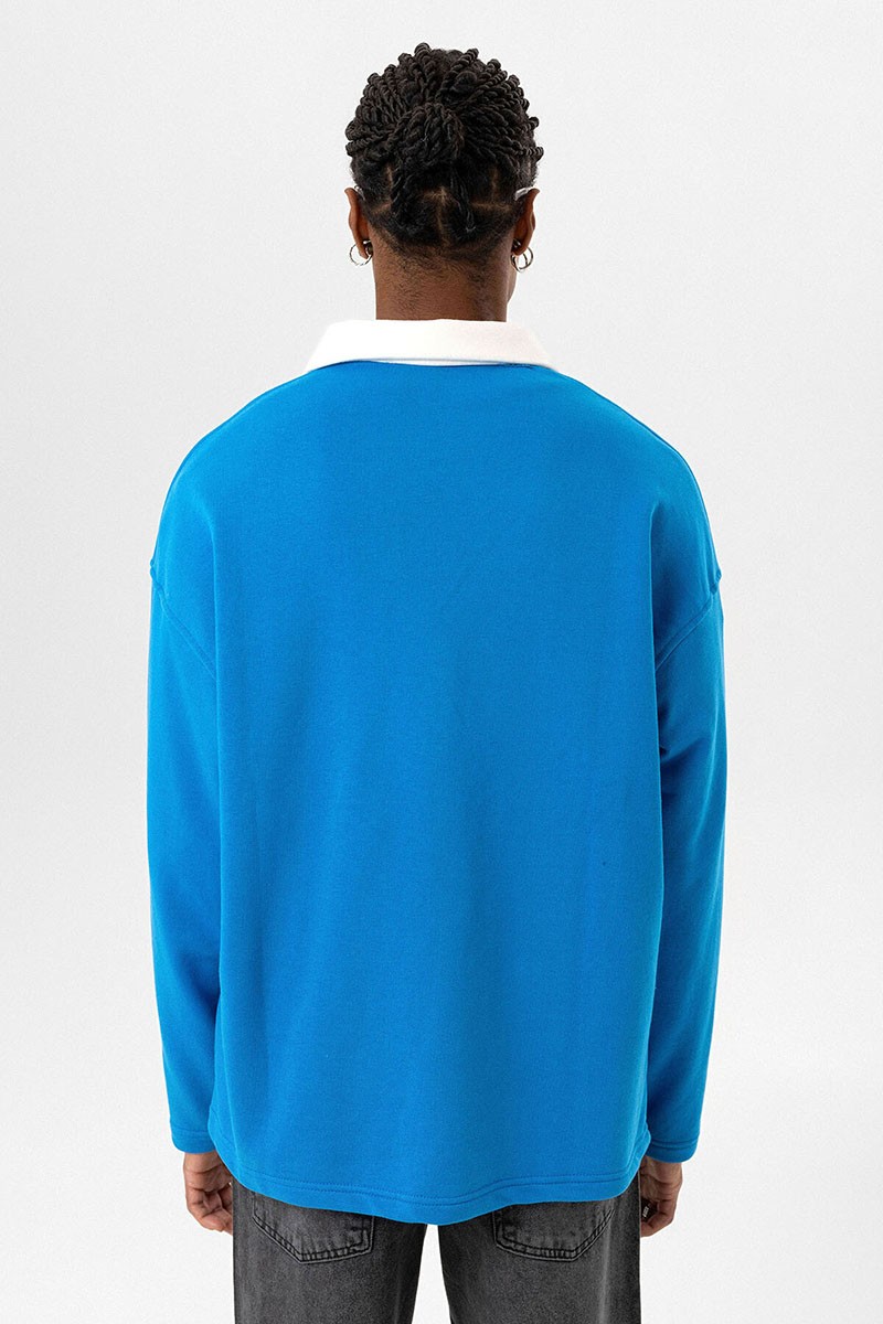 BASIC POLO COLLAR ZIPPERED SWEATSHIRT TURQUOISE