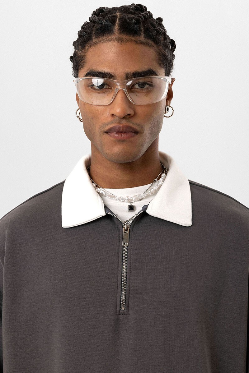 BASIC POLO COLLAR ZIPPERED SWEATSHIRT SMOKED