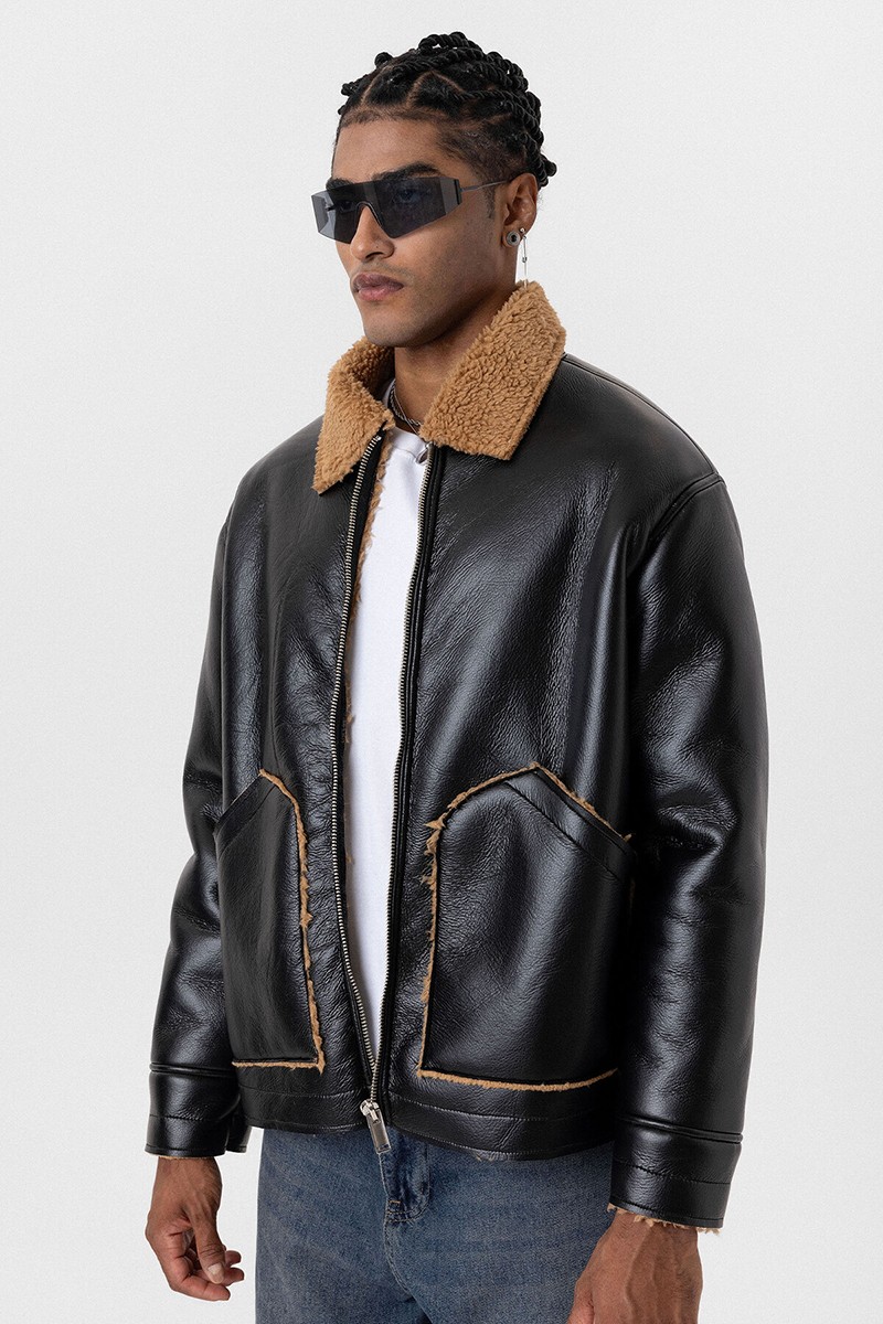 FUR INTERIOR FAUX LEATHER OVERSIZE JACKET-BLACK/CAMEL