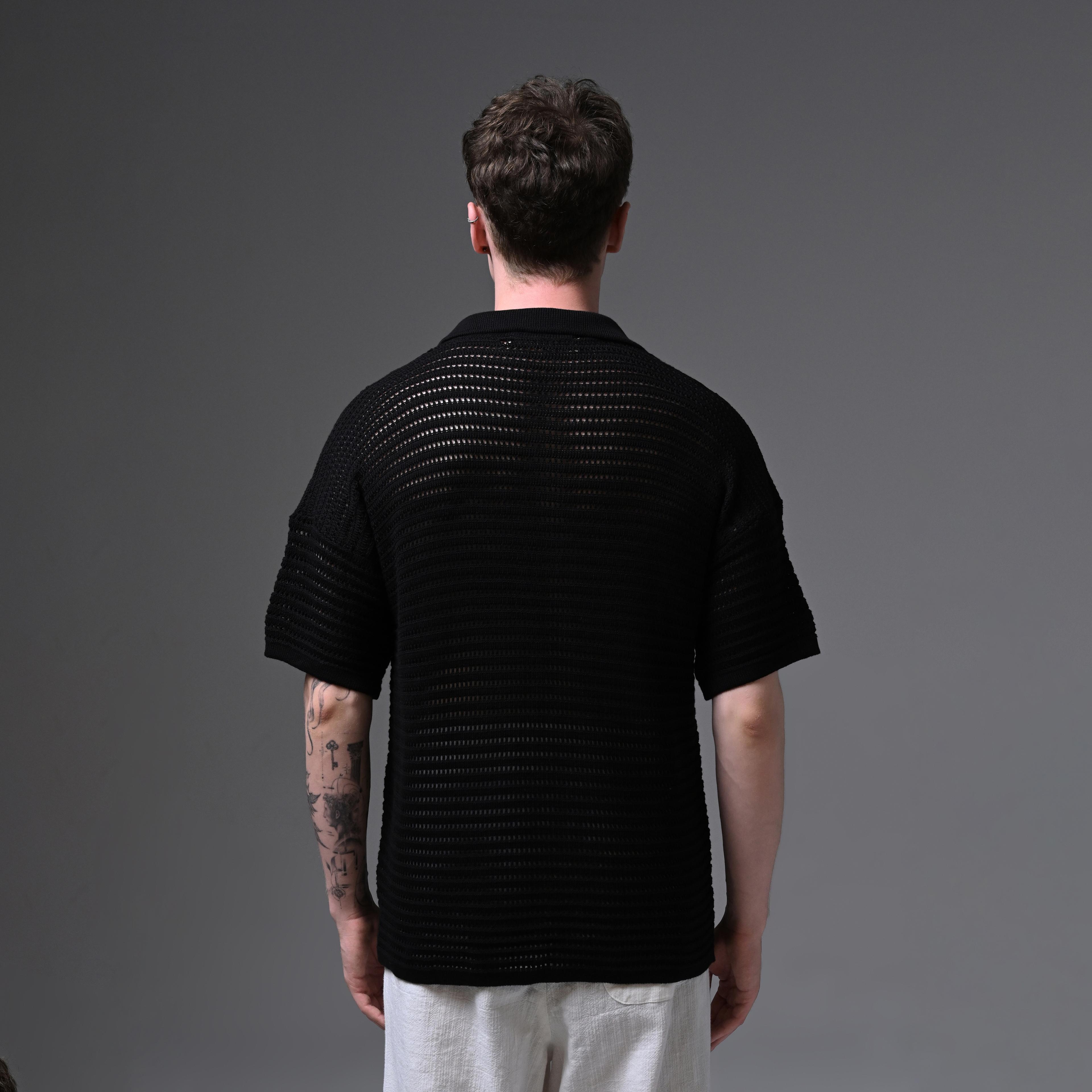 OVERSIZE KNITTED V-NECK T-SHIRT-BLACK