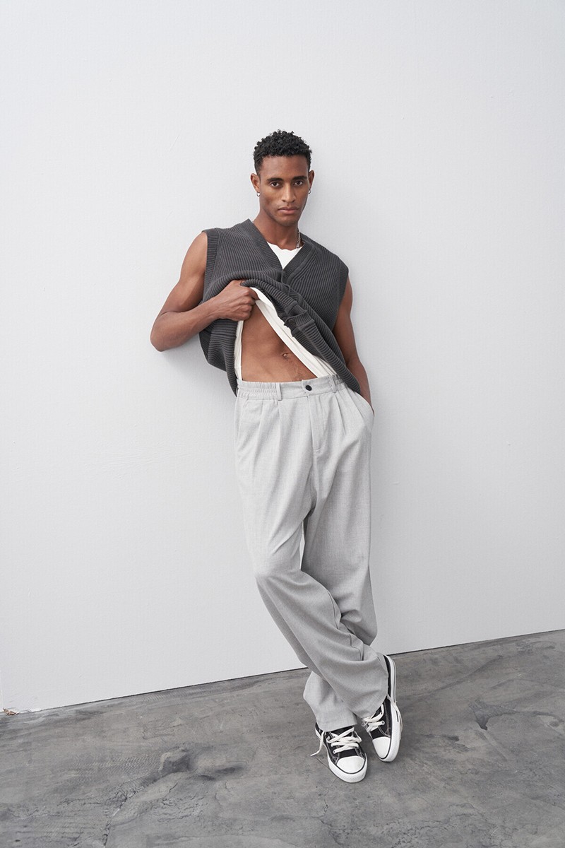 BAGGY FIT FABRIC TROUSERS LIGHT GRAY