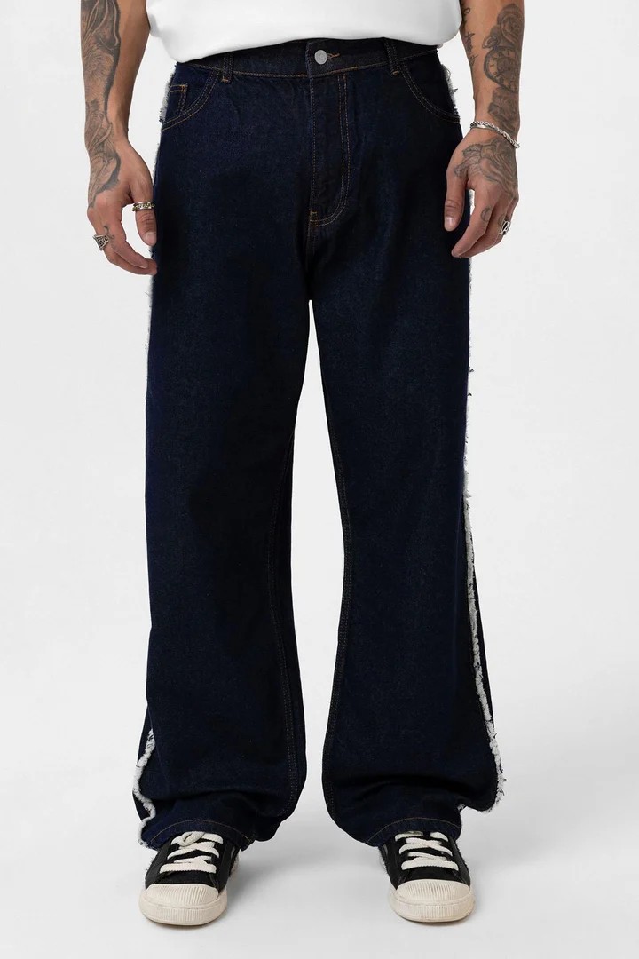 Baggy Jeans with Side Seam Detail Dark Blue