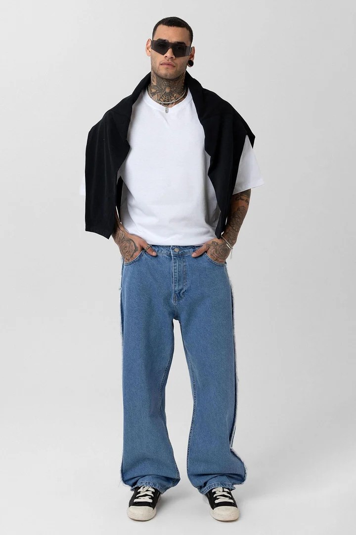 Side Seam Detailed Baggy Jeans Blue