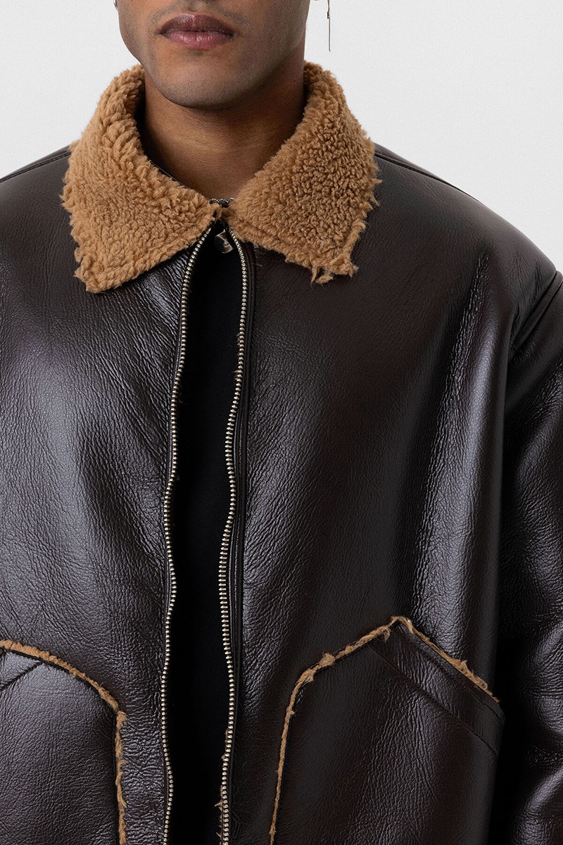 FUR INTERIOR ARTIFICIAL LEATHER OVERSIZE JACKET-BROWN