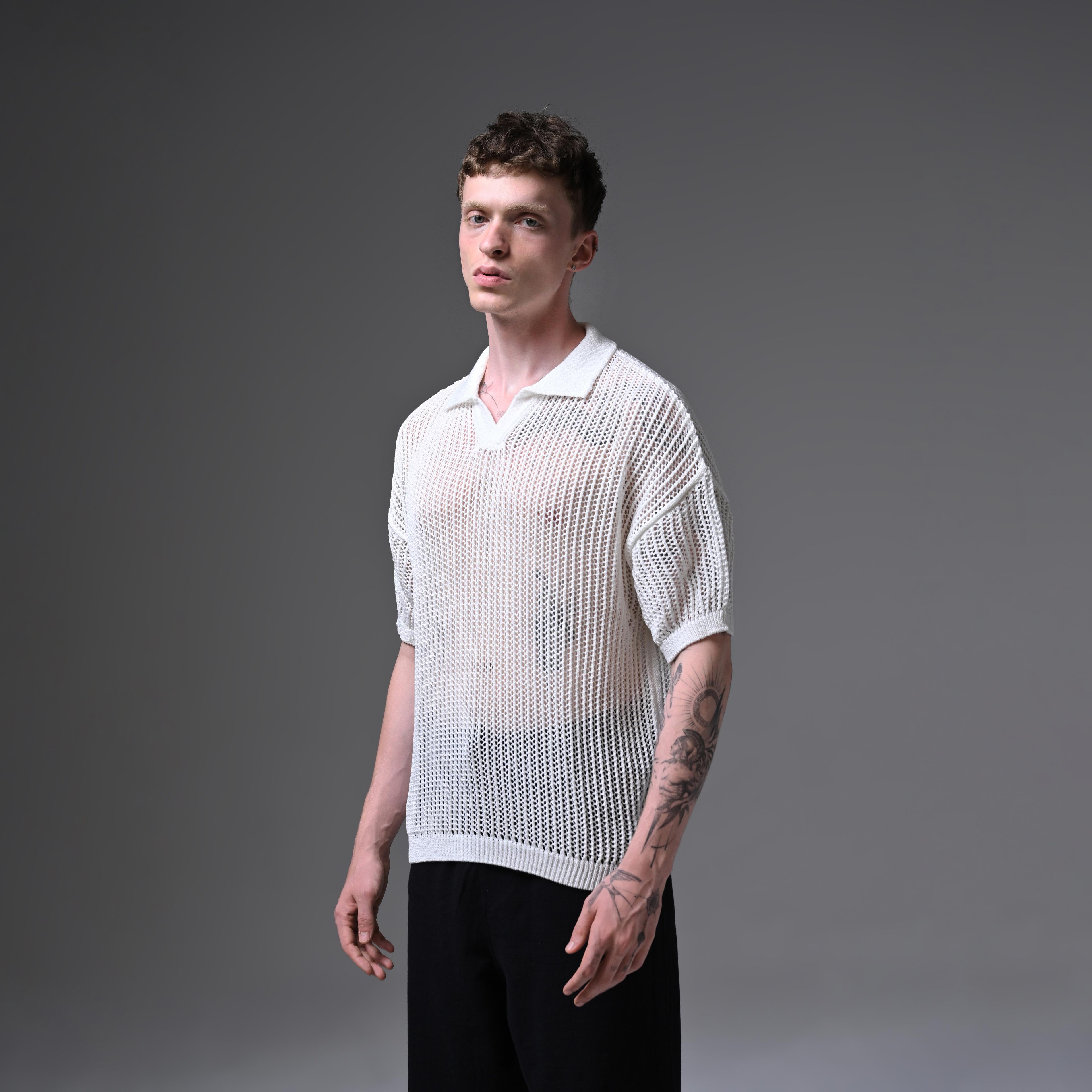 OVERSIZE KNITTED POLO COLLAR T-SHIRT-WHITE