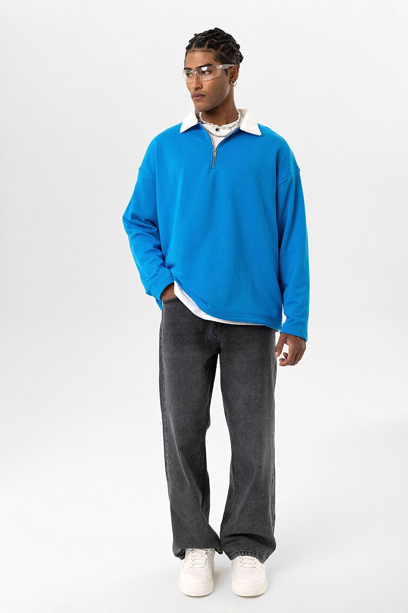 BASIC POLO COLLAR ZIPPERED SWEATSHIRT TURQUOISE