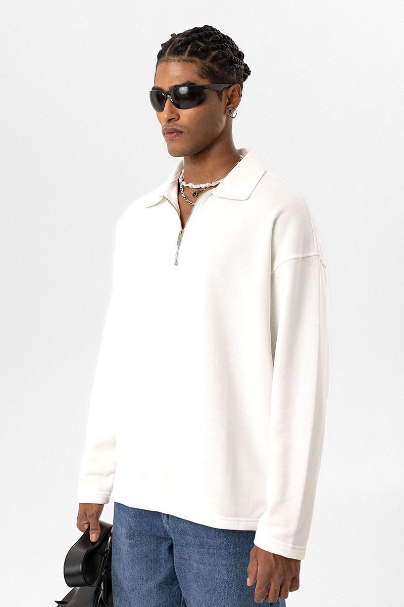 BASIC POLO COLLAR ZIPPERED SWEATSHIRT ECRU