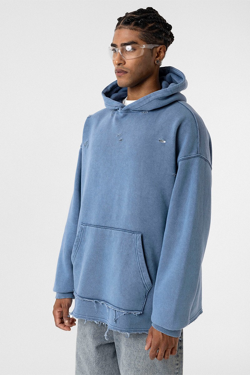 WASHED RIP DETAILED OVERSIZE SWEATSHIRT BLUE