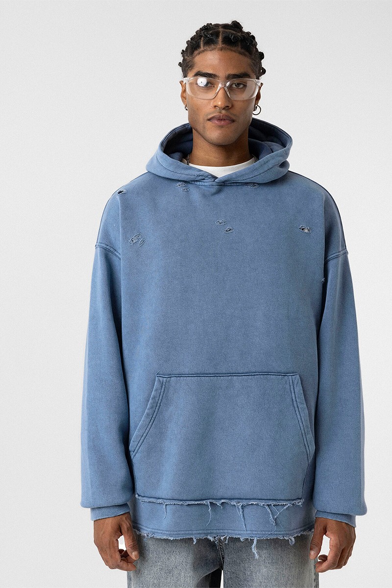 WASHED RIP DETAILED OVERSIZE SWEATSHIRT BLUE