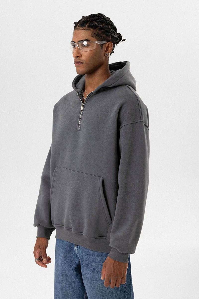 BASIC OVERSIZE ZIPPERED HOODED SWEATSHIRT SMOKED