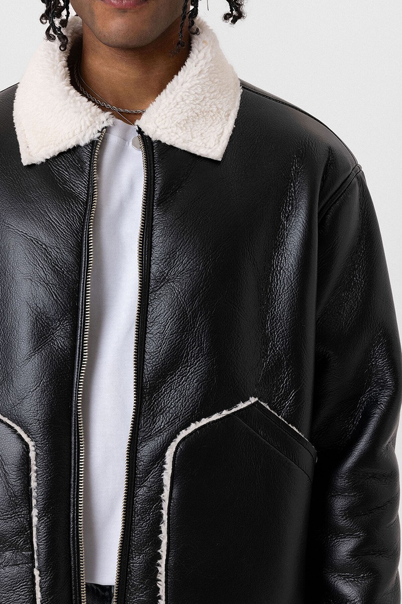 FUR INTERIOR FAUX LEATHER OVERSIZE JACKET-BLACK/ECRU