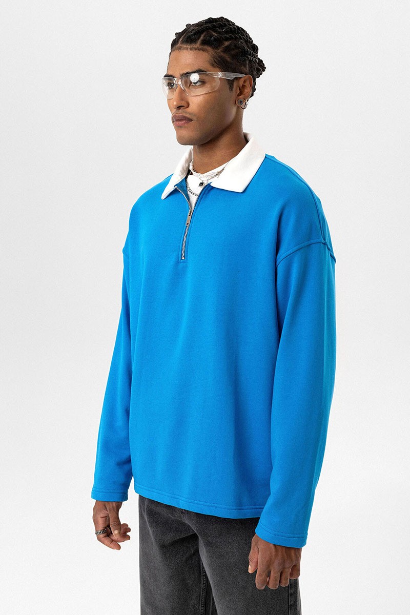 BASIC POLO COLLAR ZIPPERED SWEATSHIRT TURQUOISE