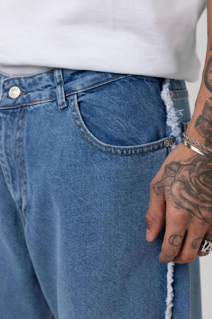 Side Seam Detailed Baggy Jeans Blue