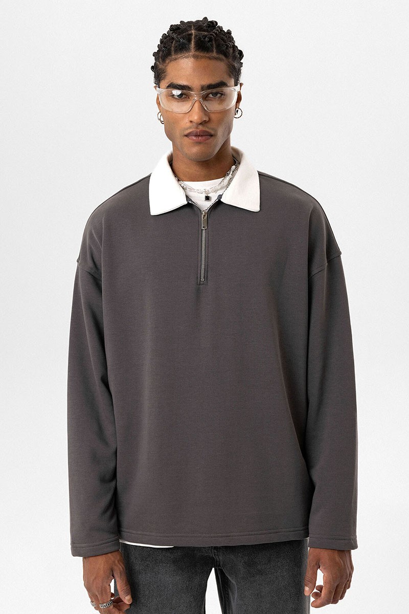 BASIC POLO COLLAR ZIPPERED SWEATSHIRT SMOKED