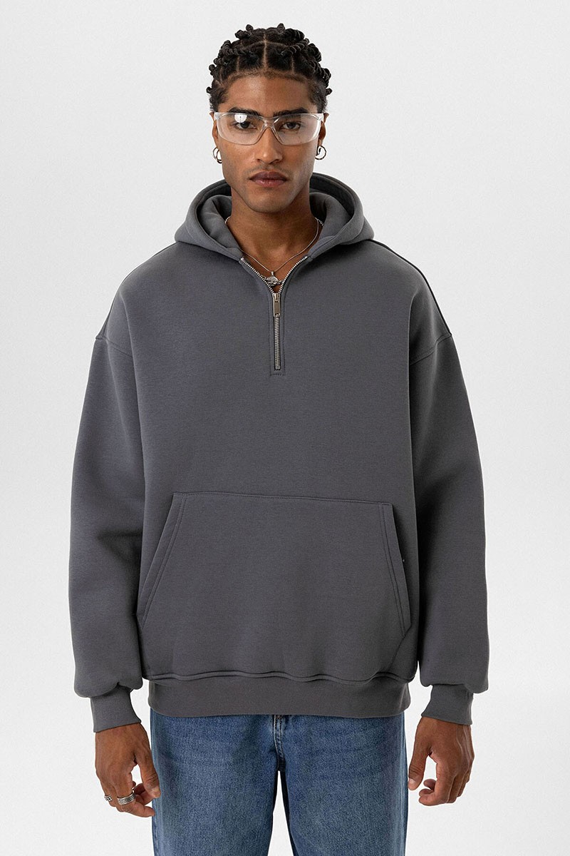 BASIC OVERSIZE ZIPPERED HOODED SWEATSHIRT SMOKED