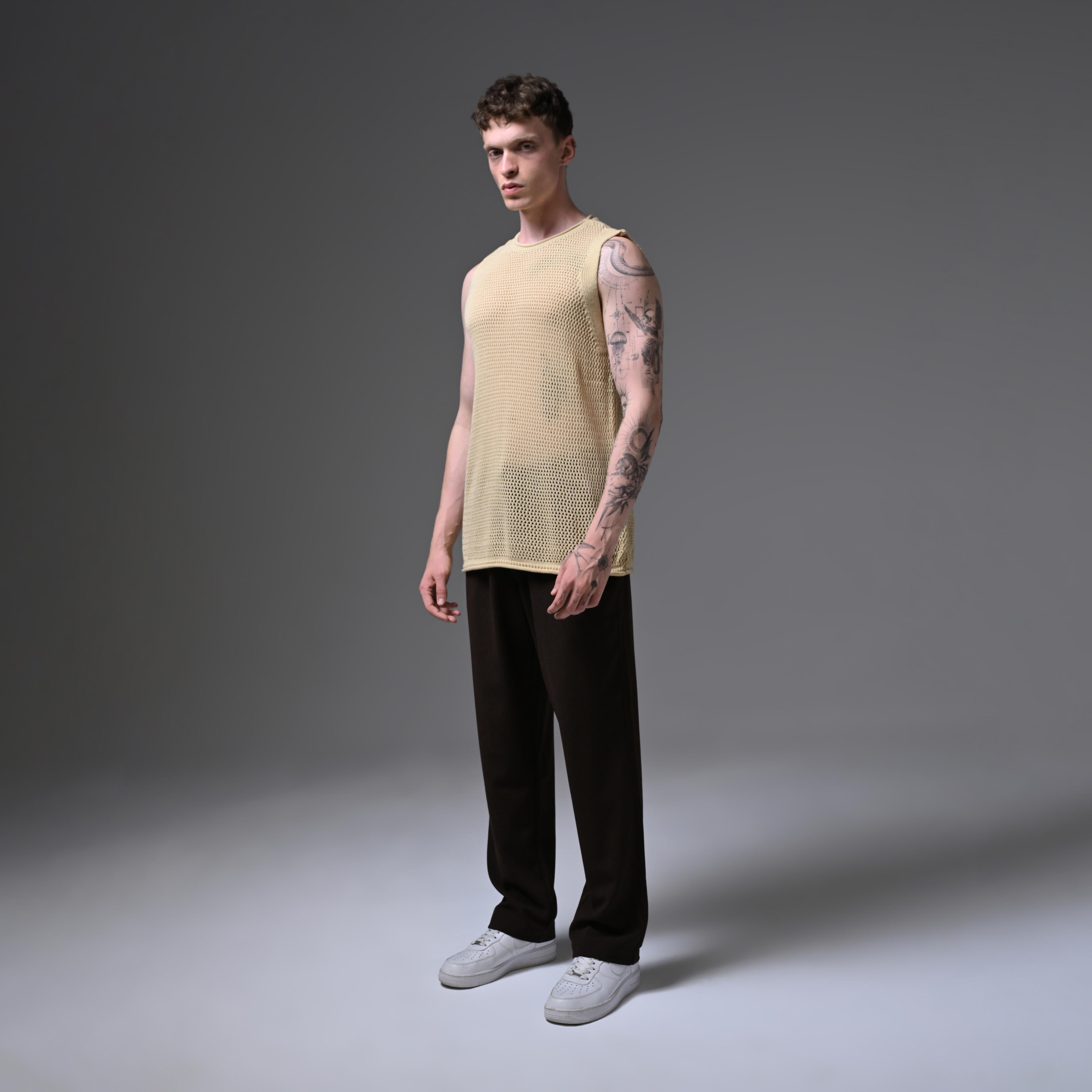 OVERSIZE KNITTED ZERO SLEEVE T-SHIRT-BEIGE