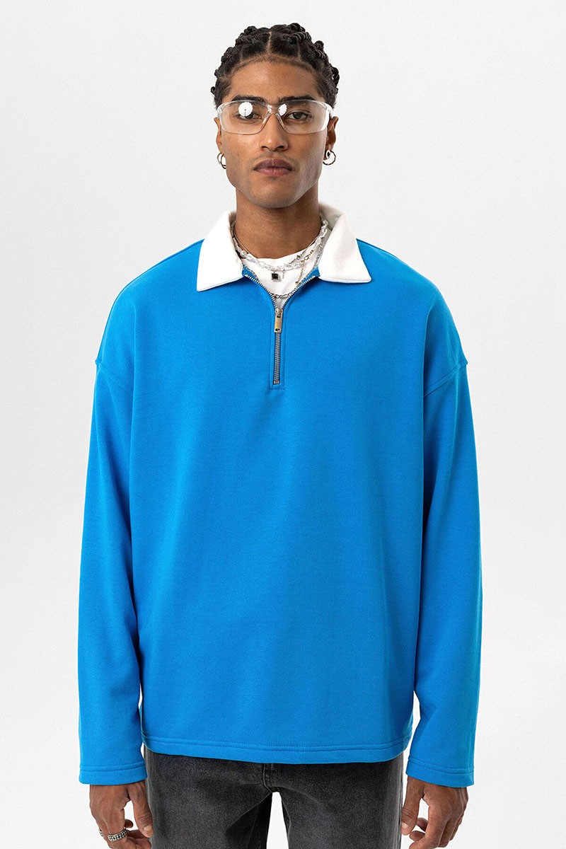 BASIC POLO COLLAR ZIPPERED SWEATSHIRT TURQUOISE