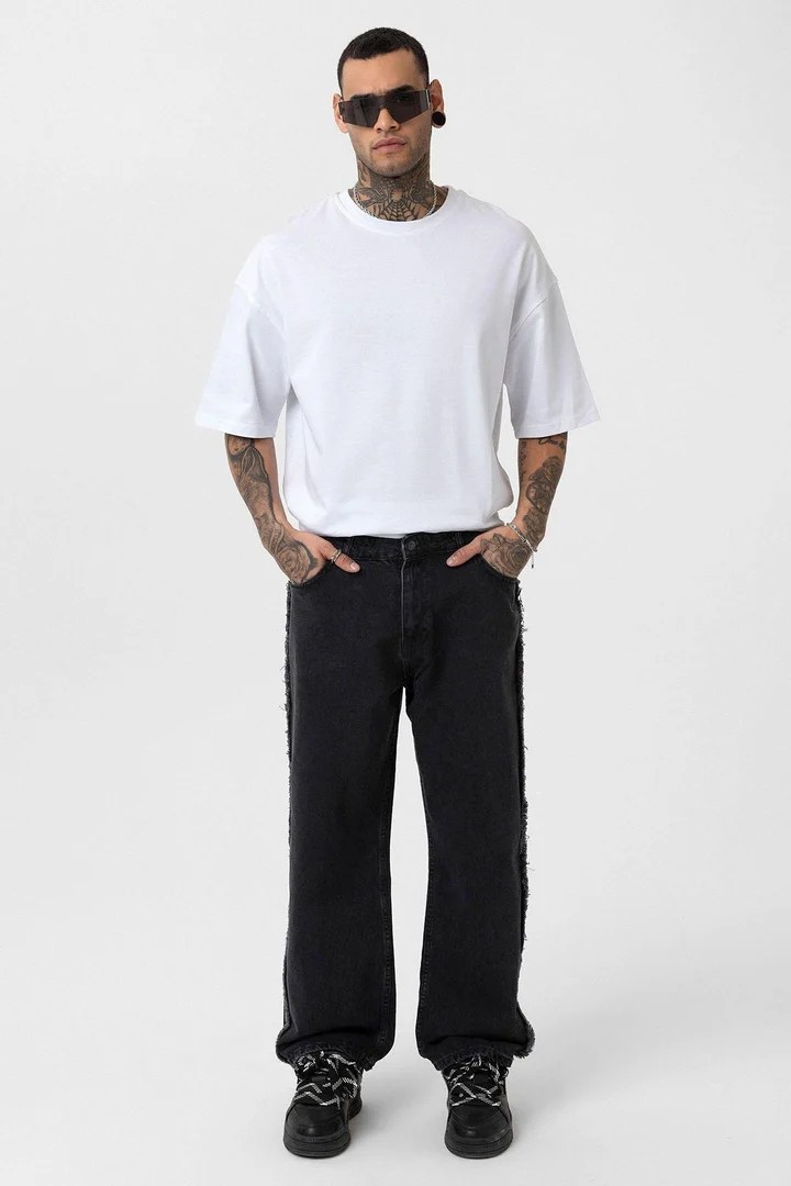 Side Seam Detailed Baggy Jeans Black