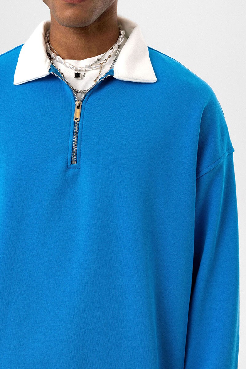 BASIC POLO COLLAR ZIPPERED SWEATSHIRT TURQUOISE