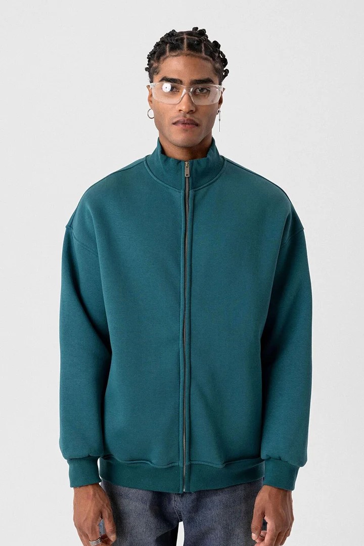 Basic Zippered Oversize Sweatshirt Petrol