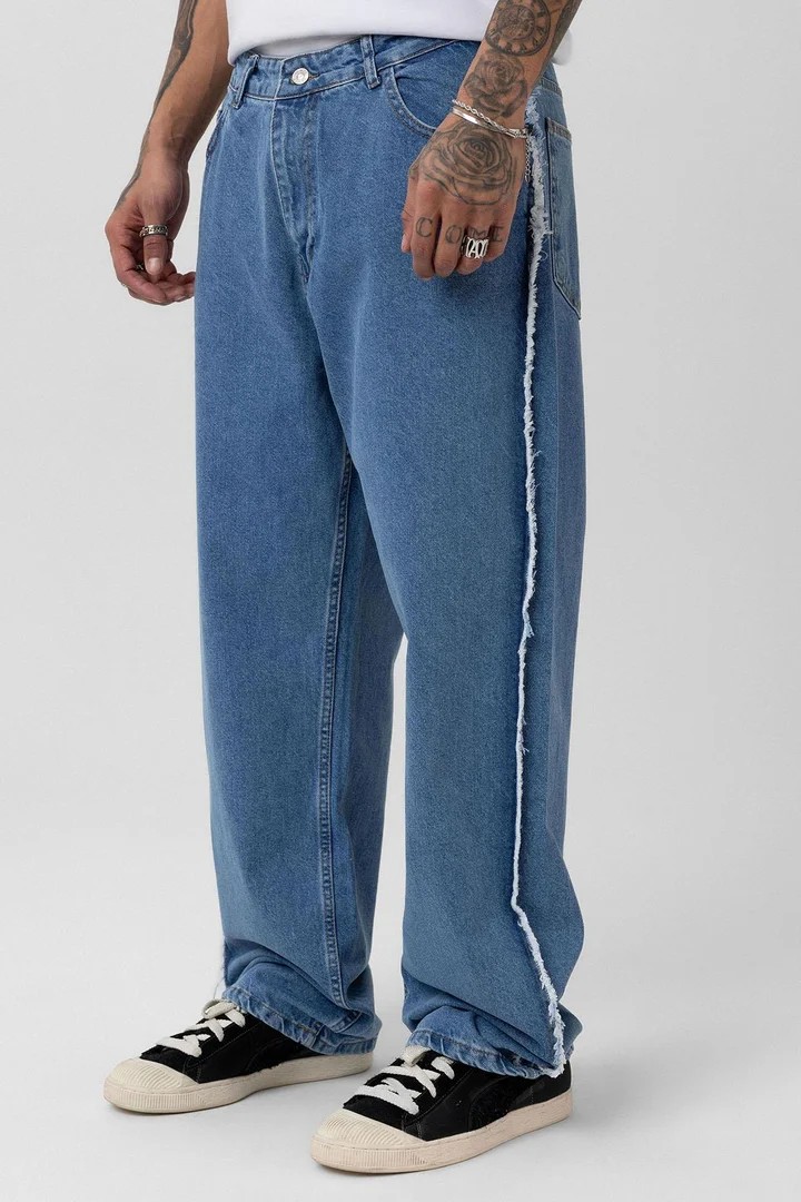 Side Seam Detailed Baggy Jeans Blue