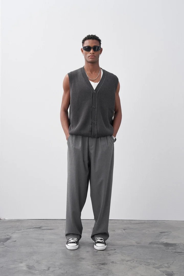 Baggy Fit Fabric Trousers Grey