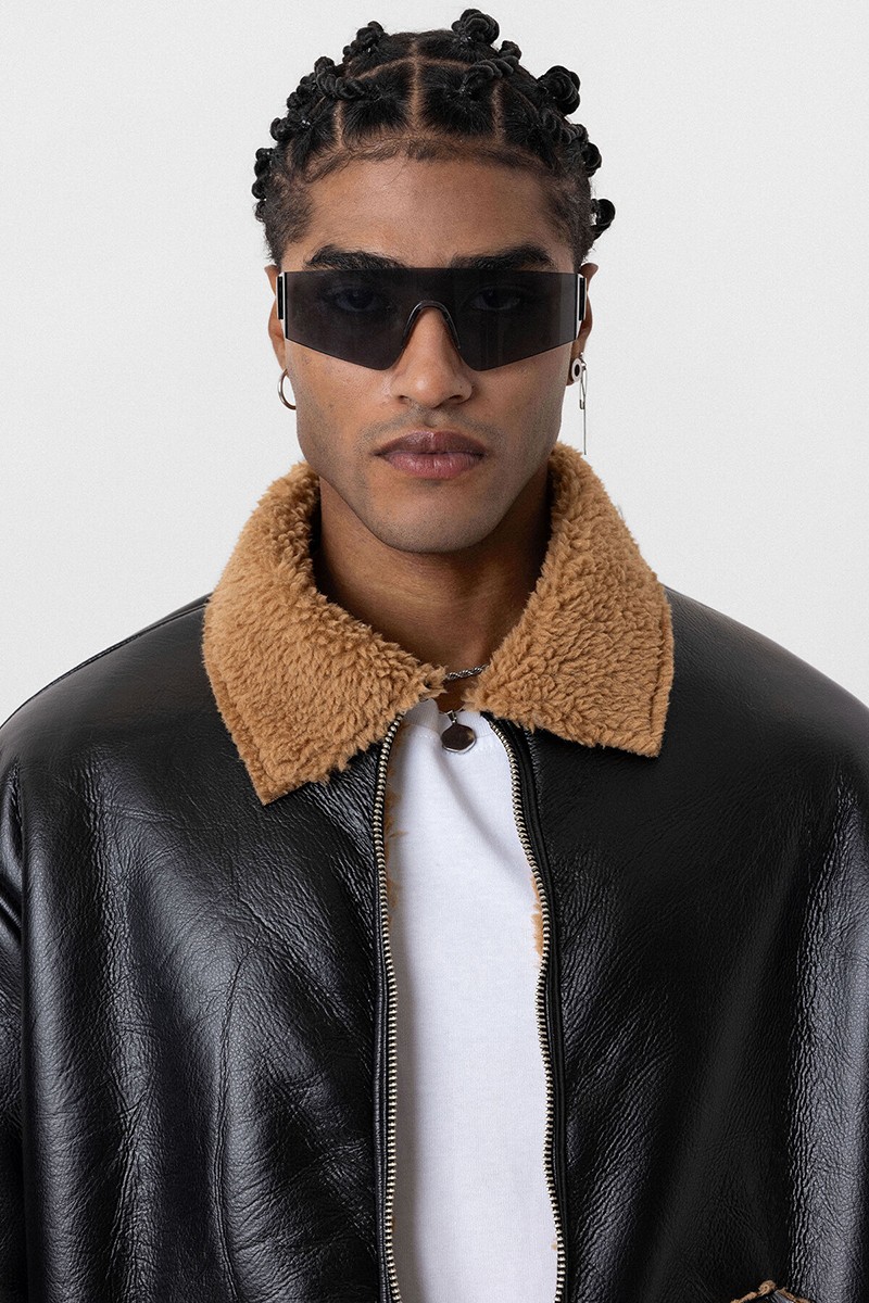 FUR INTERIOR FAUX LEATHER OVERSIZE JACKET-BLACK/CAMEL