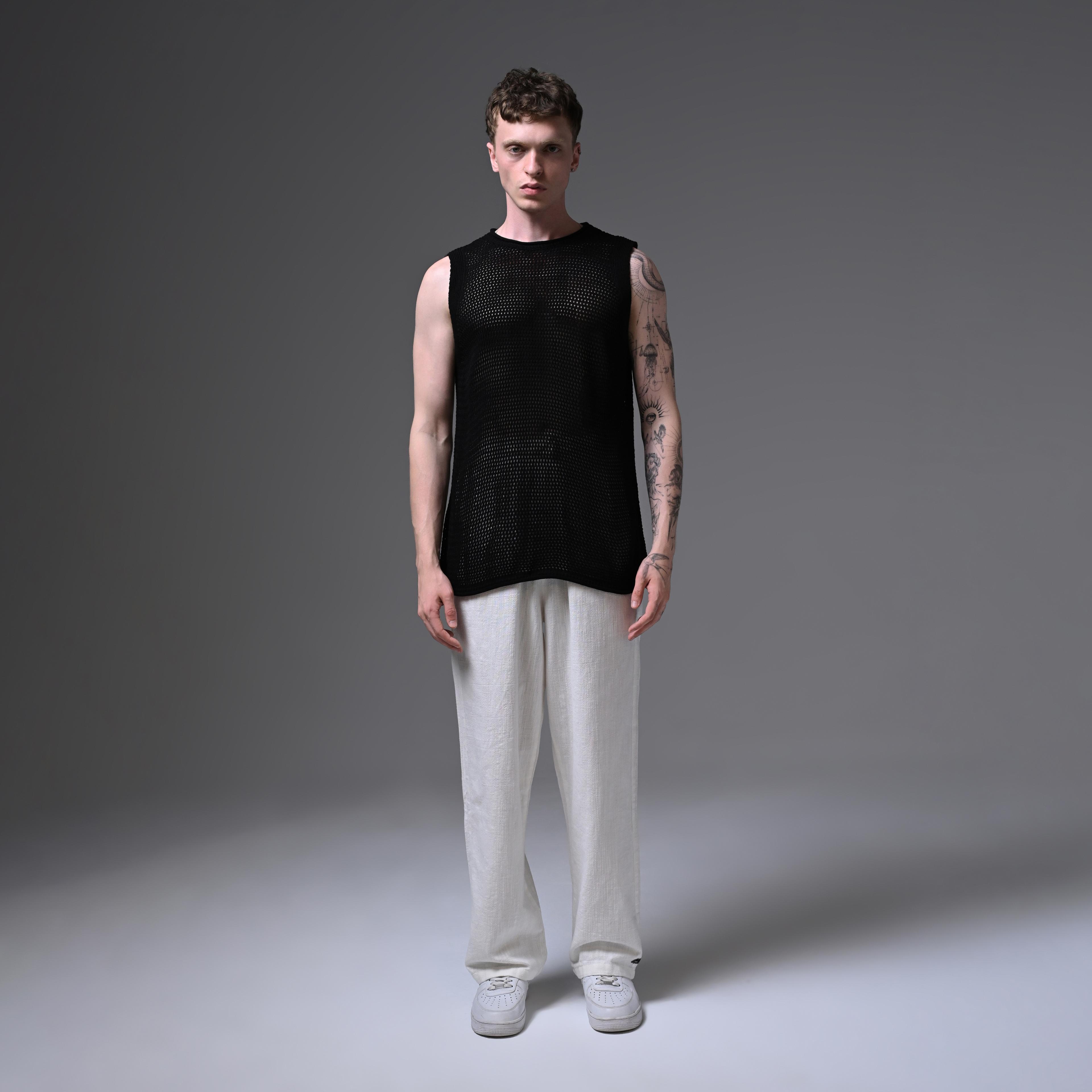 OVERSIZE  KNITTED ZERO SLEEVE T-SHIRT-BLACK