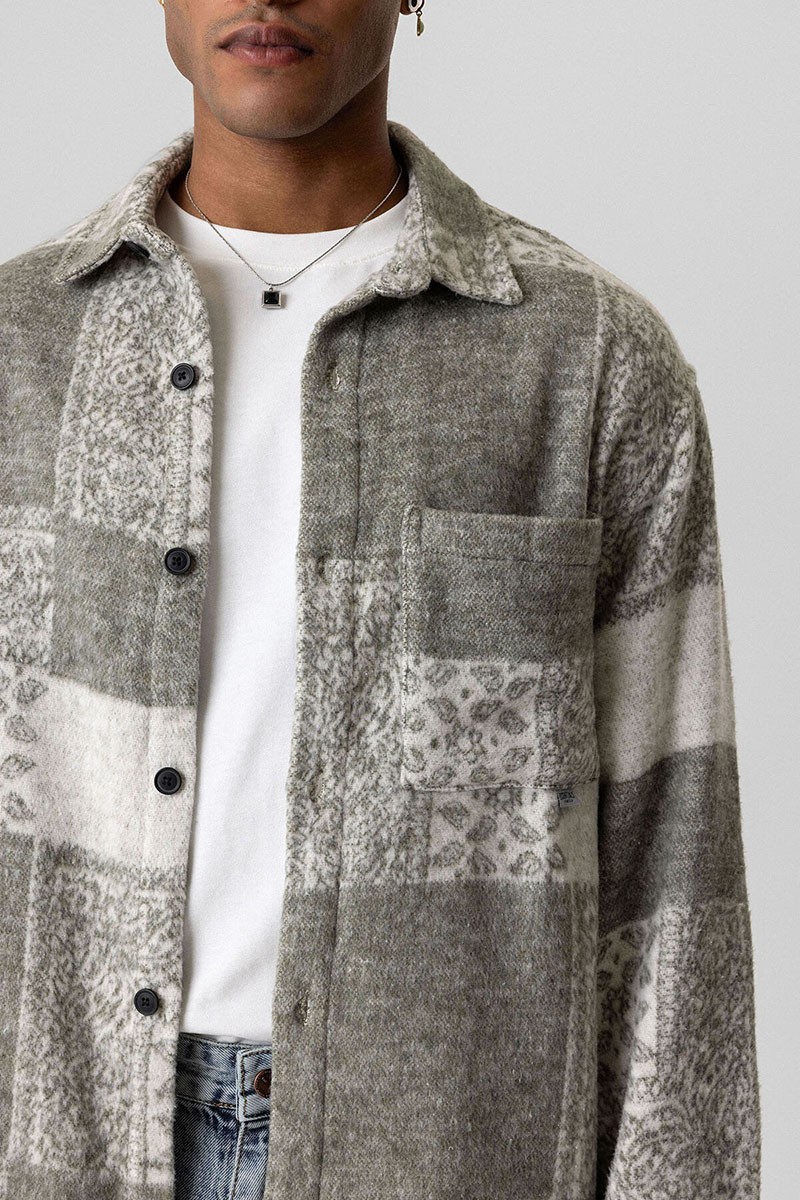 POCKET DETAILED SQUARE PATTERNED OVERSIZE LUMBER SHIRT KHAKI