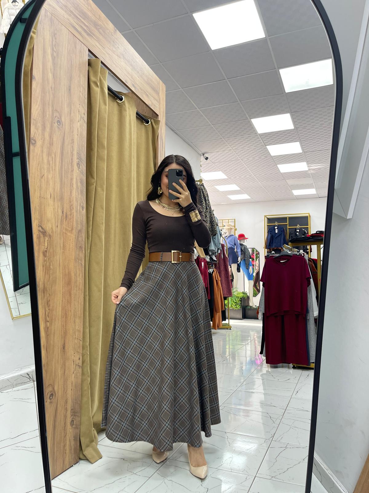 Ekose Kemerli Etek - Acı Kahve