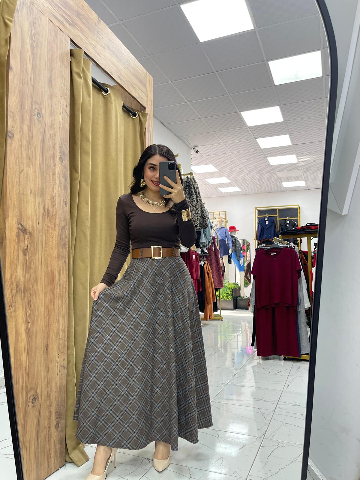 Ekose Kemerli Etek - Acı Kahve