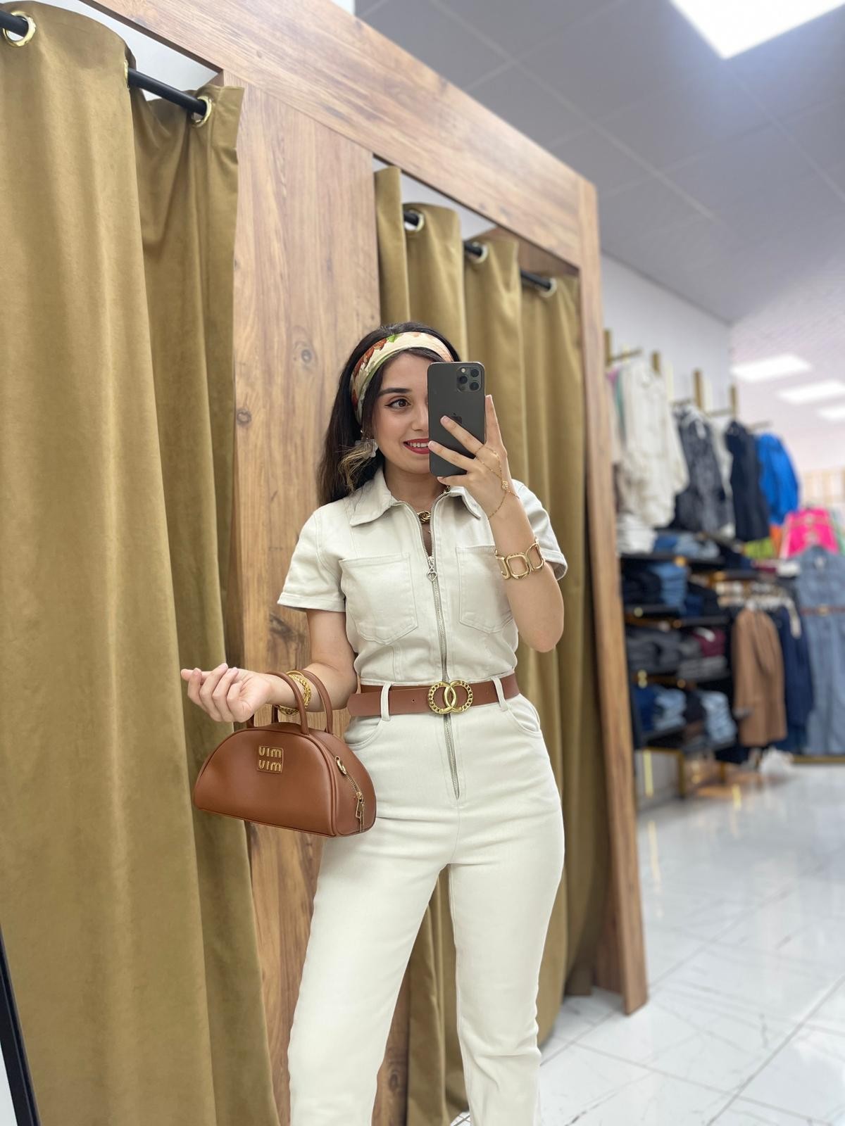 Moni Fermuarlı Kot Tulum - Krem