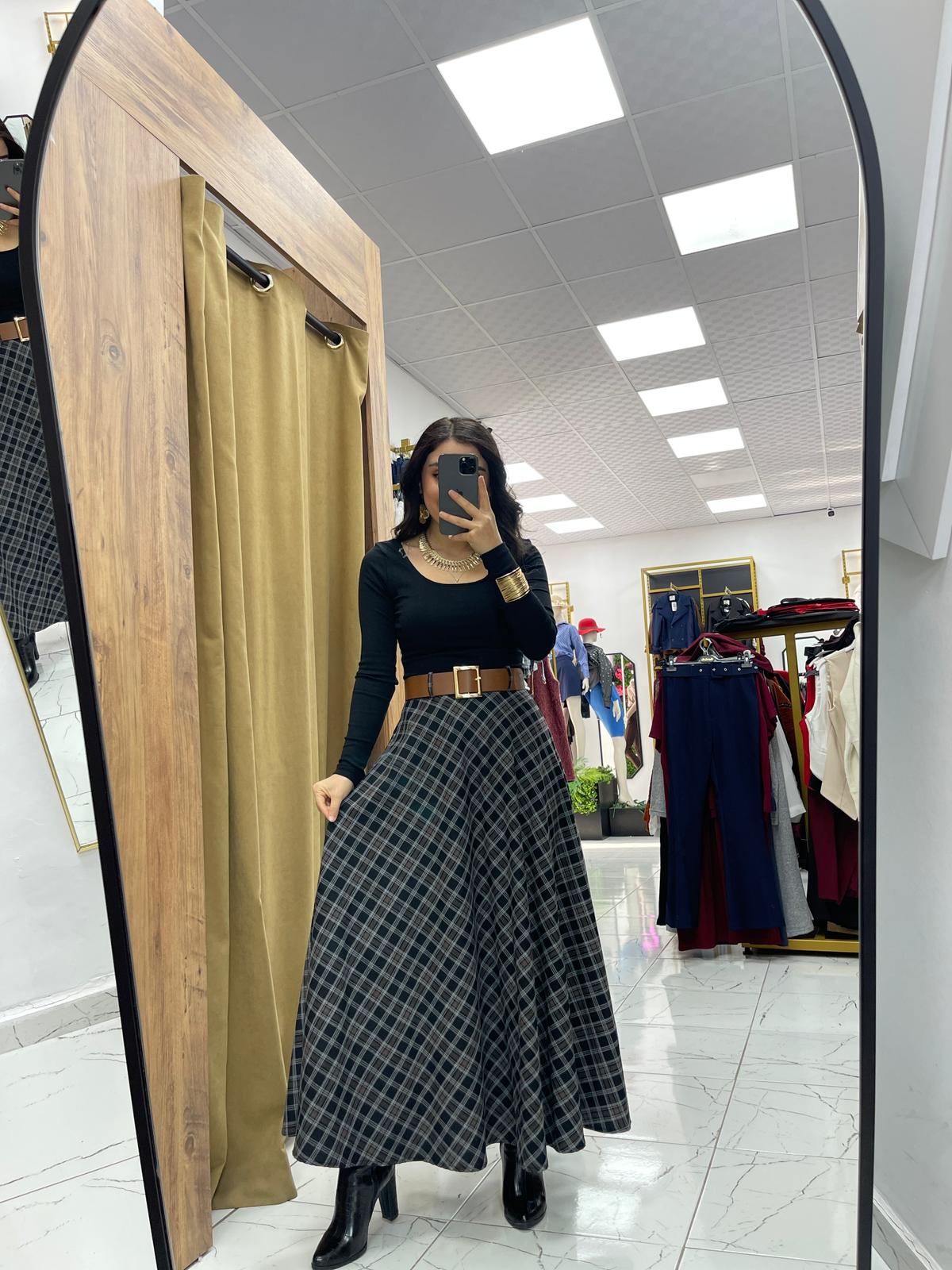 Ekose Kemerli Etek - Siyah