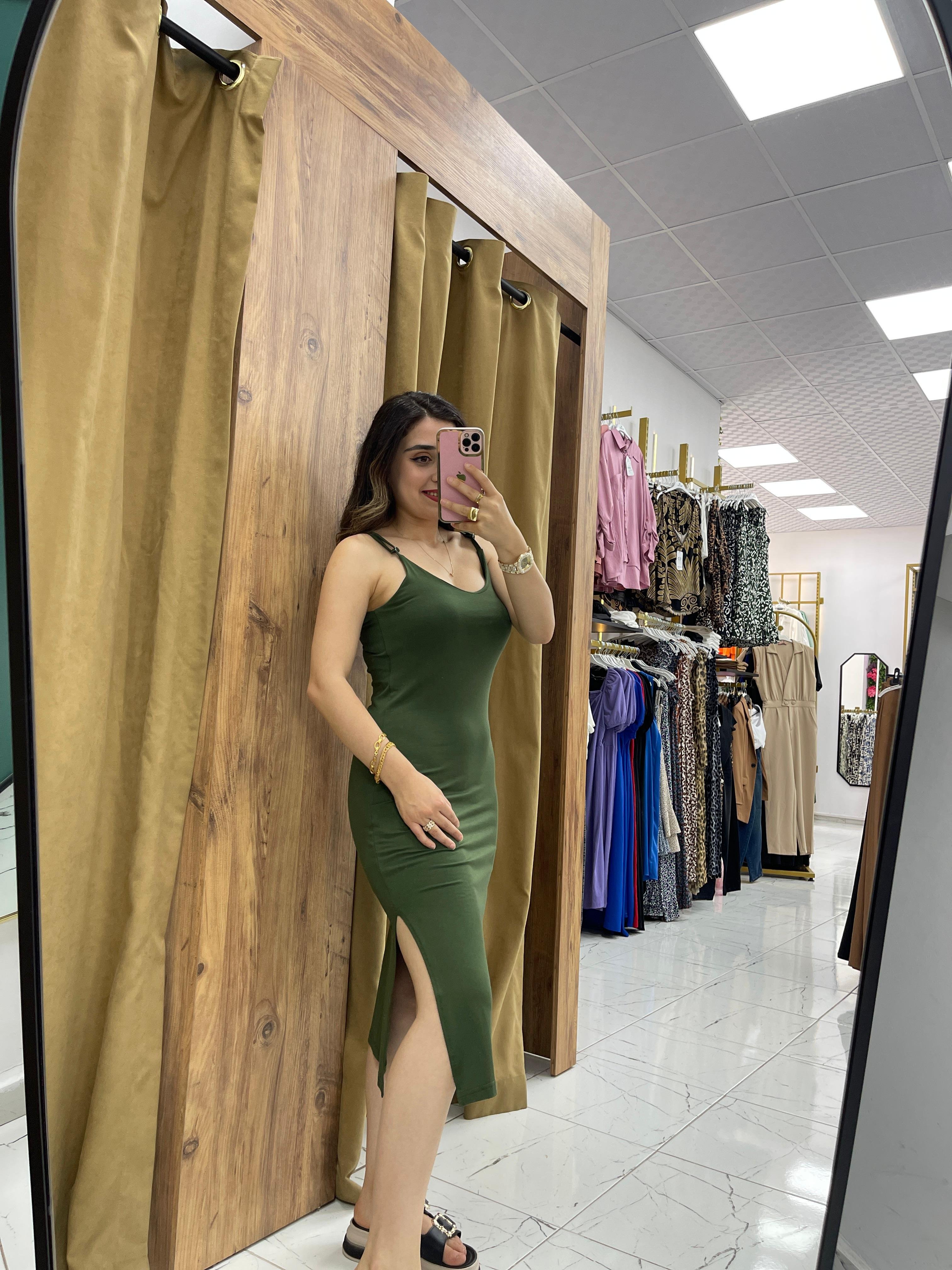 Modal Kumaş İp Askılı Elbise  - Yeşil