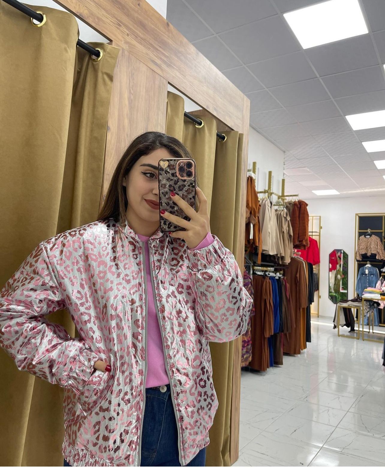 Pembe Leopar Desen Bomber Ceket 