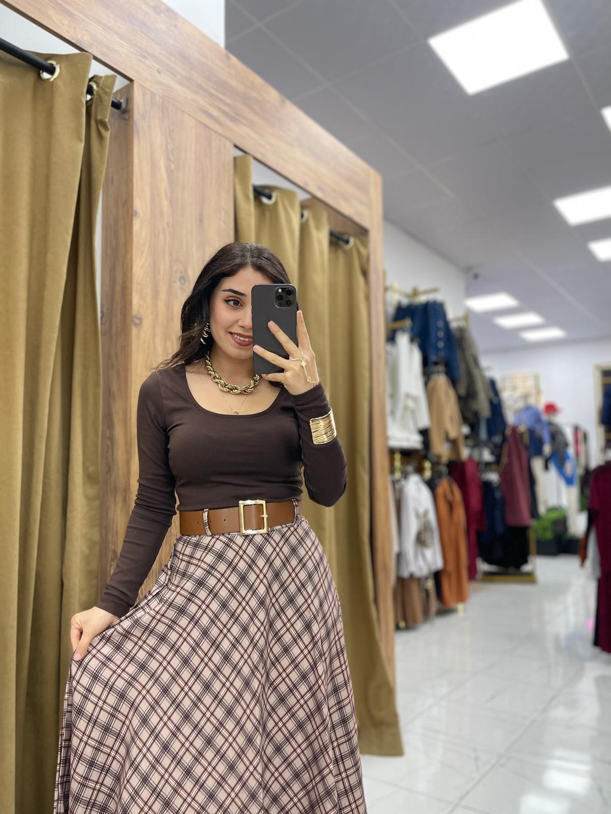 Ekose Kemerli Etek - Vizon