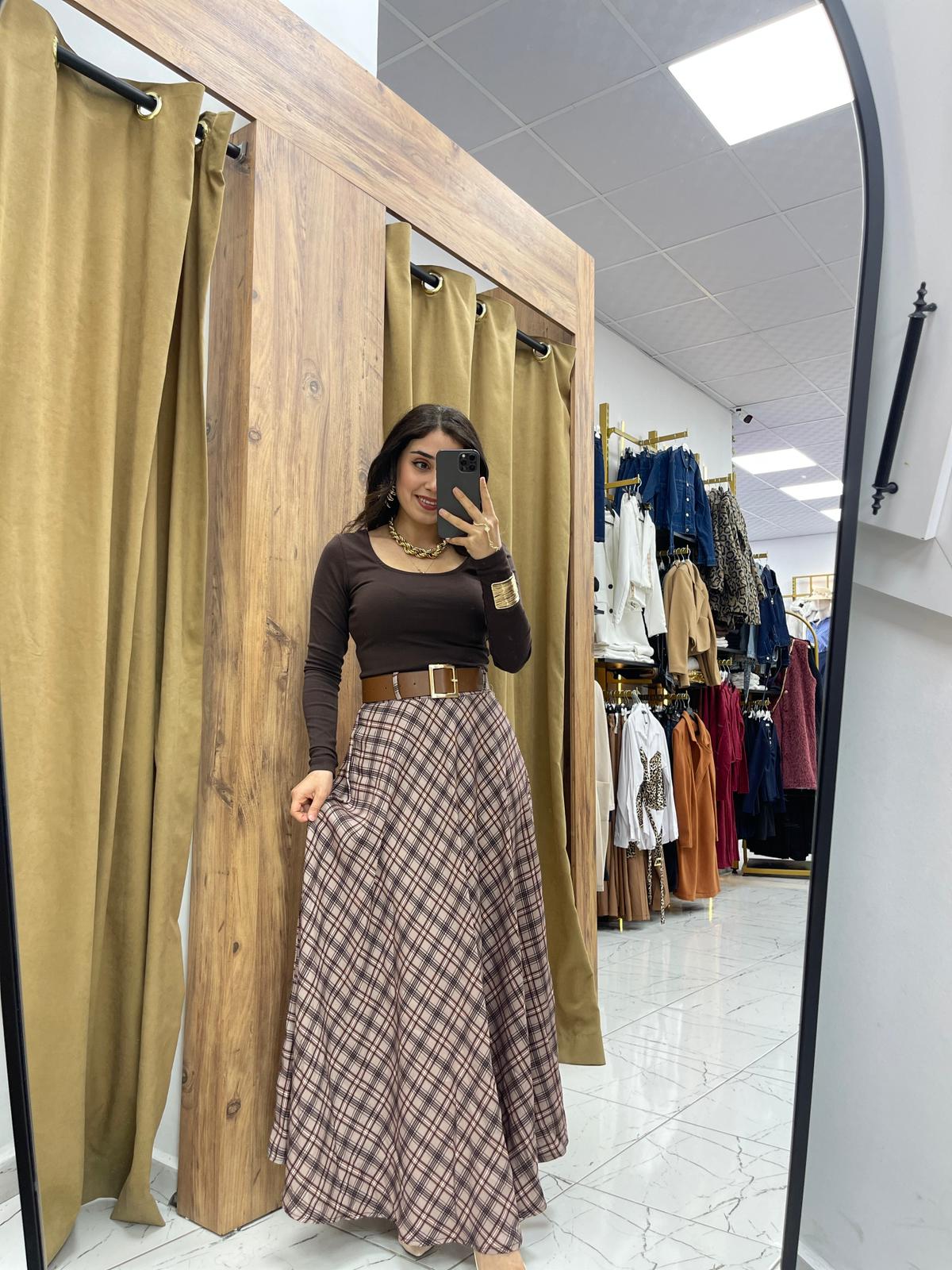 Ekose Kemerli Etek - Vizon