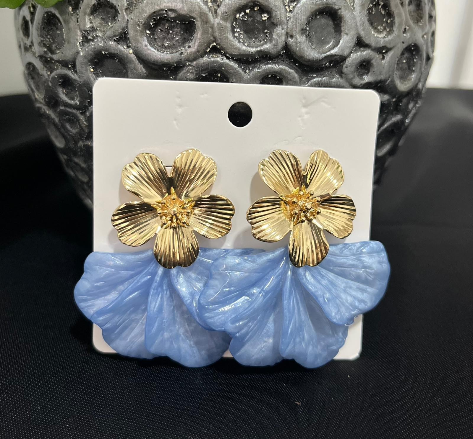 Gold Yaprak Desenli Küpe  - Mavi