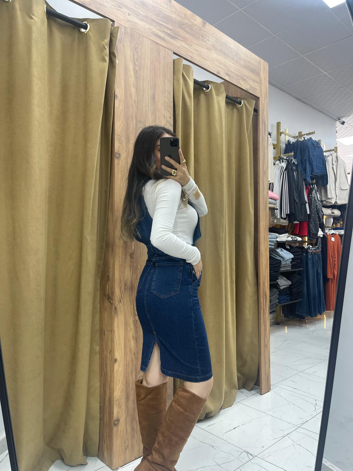 Mila Askılı Kot Elbise  - Lacivert