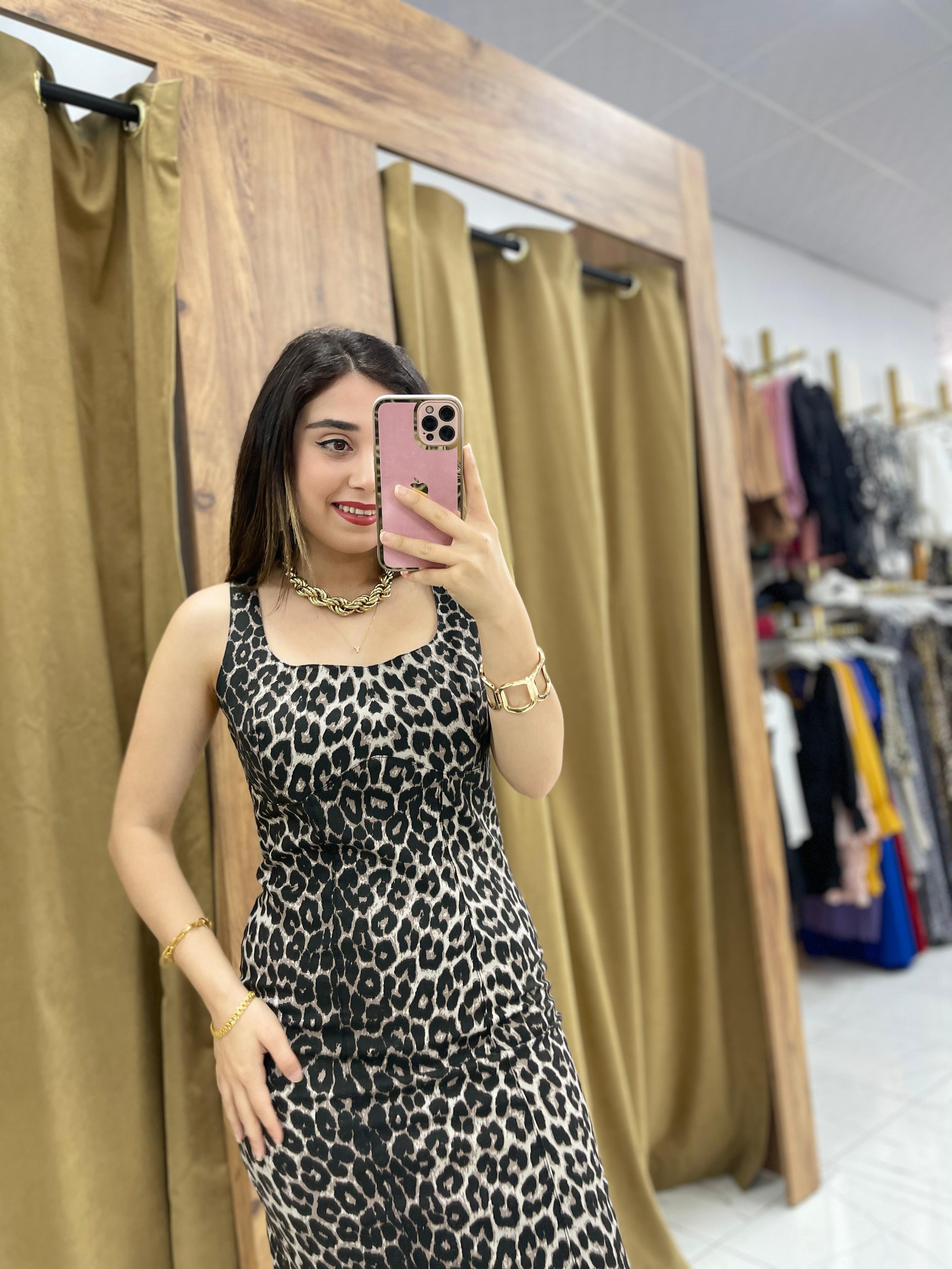 Nemy Leopar Elbise - Gri Leopar